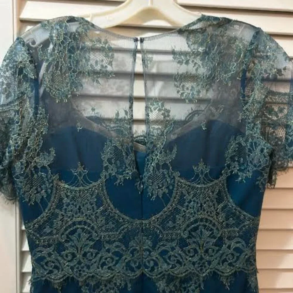 Incredible Marchesa Notte Sheath Eyelash Teal Lace Cocktail Dress - Picture 4 of 14